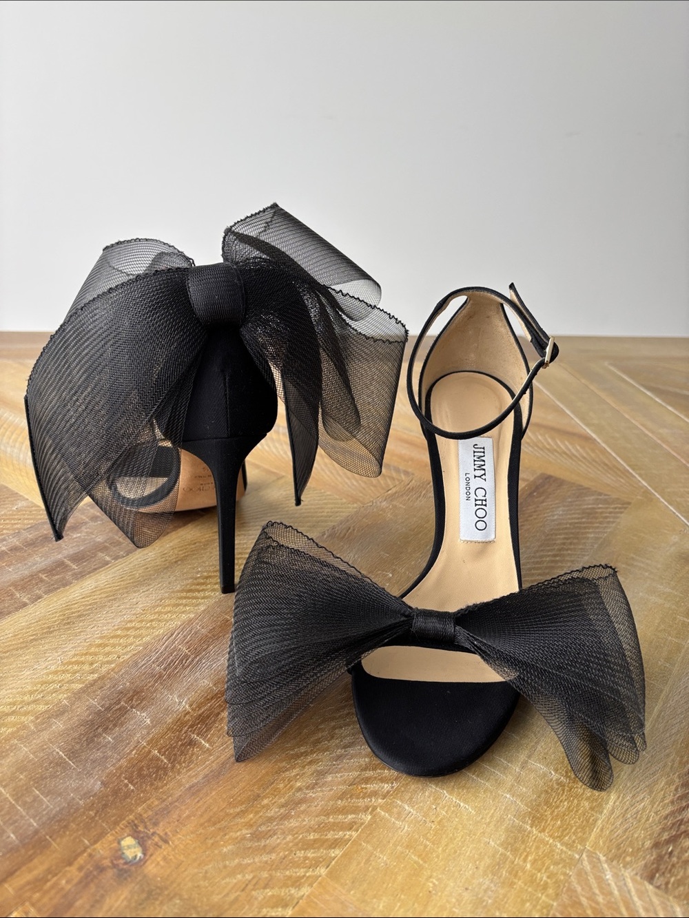 Jimmy Choo Black Tulle Bow Ankle-Strap Heels